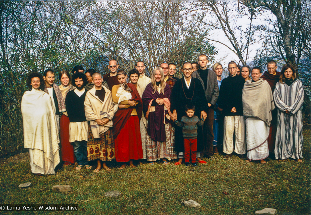 (15085_pr.tif) Zengo in a group photo, 1971. While in Bodhgaya, Zina Rachevsky had become interested in Zengo, a young Zen monk; she invited him to teach a ten-day course at Kopan Monastery. Zina is second from the right in the back; also in the photo is Sylvia White, Mark Shaneman, Michael Losang Yeshe (Michael Cassapidis), and Fred von Allmen.