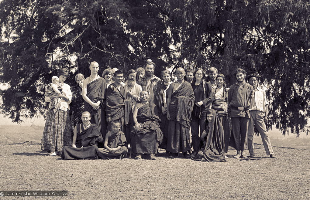(15089_ng.psd) Second Kopan Meditation Course, spring of 1972. Included in the photo from the left are Ann McNeil (Anila Ann), Mark Shaneman (Jhampa Zangpo), Steve Malasky, Gen Wangyal, Age Delbanco (Babaji), Peter Kedge, Geshe Thubten Tashi (seated), Losang Nyima.