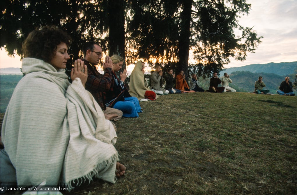 Dharma students meditating on Kopan Hill, Nepal, 1971.