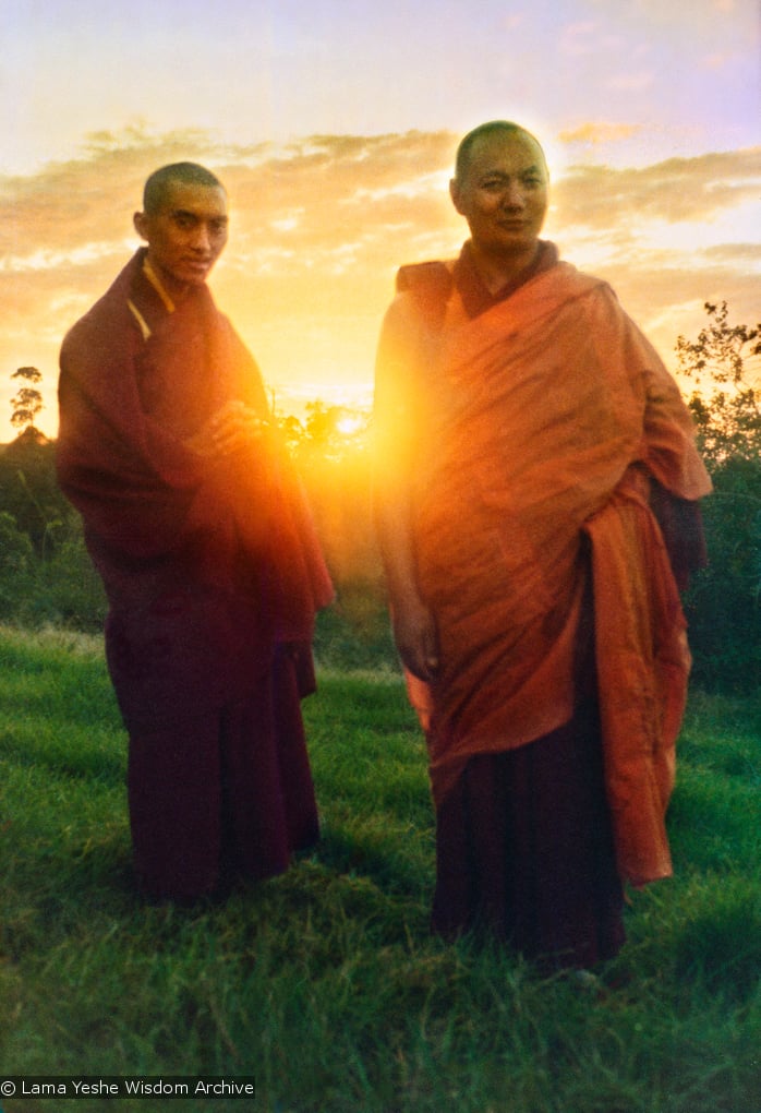 (15124_pr.psd) Lama Zopa Rinpoche and Lama Yeshe, Chenrezig Institute, Australia, 1975. Photo by Nick Ribush, restoration by David Zinn.