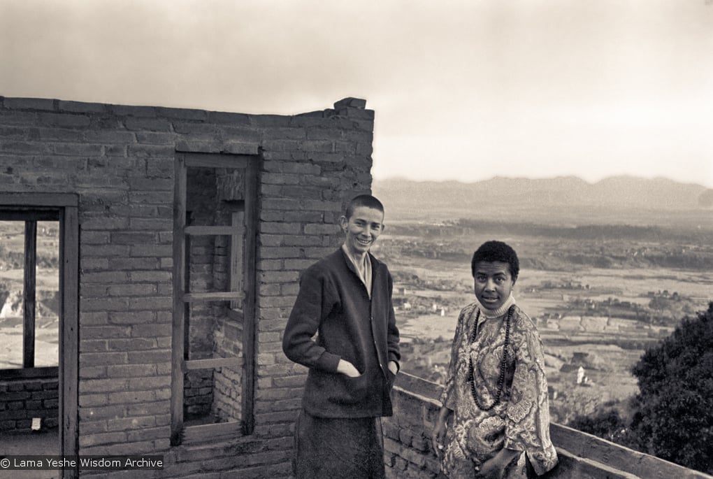 (15142_ng.psd) Anila Ann and Max Mathews, two early students of the Lamas, on the roof of Kopan as the second floor is in progress, 1972.