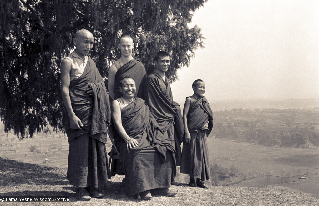 (15147_ng.psd) Second Kopan Meditation Course, spring of 1972. Included in the photo from the left are Losang Nyima, Geshe Thubten Tashi (seated), Mark Shaneman (Jhampa Zangpo), Gen Wangyal.