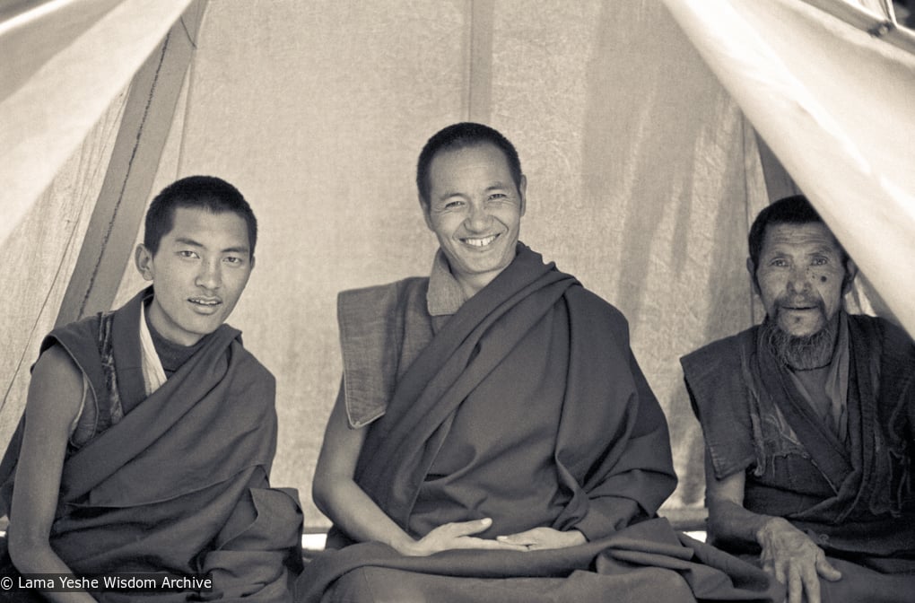 (15151_ng.psd) Lama Zopa Rinpoche and Lama Yeshe with an unidentified monk in a tent at the Lawudo Retreat Centre, 1972