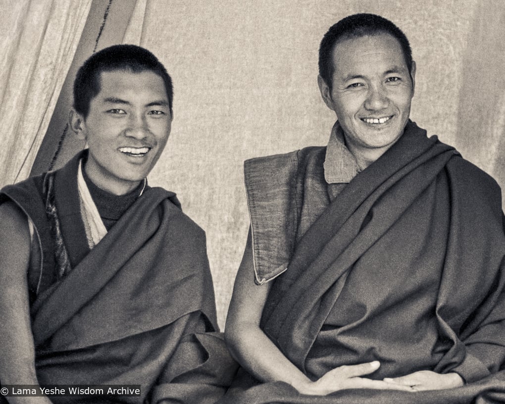 (15152_ng.psd) Lama Zopa Rinpoche and Lama Yeshe with an unidentified monk in a tent at the Lawudo Retreat Centre, 1972