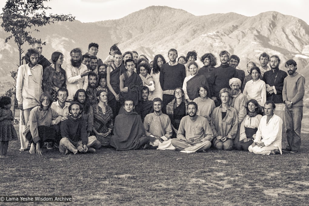 (15163_ng-6.psd) Some of those sitting in the front row include: Carol Corona, Massimo Corona, Nick Ribush, Claudio Cipullo, Steve (Malasky) Pearl, Piero Cerri, Lolly Smith, David Borrie, Darlene Darata, Age Delbanco (Babaji), Paula deWys. Some of those standing include: Ngawang Khedup (Ron Brooks), Chris Vautier, Losang Nyima, Losang Phagpa (the cook), Anila Ann McNeil, Lama Zopa Rinpoche, Jamyang Wangmo (Helly Pelaez, Jampa Chökyi), Shan Cooper, Luca Corona, Nicole Kedge (Couture), Ani Zamba (Suzanne Lee), Marcel Bertels, Dieter Gewissler, Barbara Vautier, Peter Kedge.