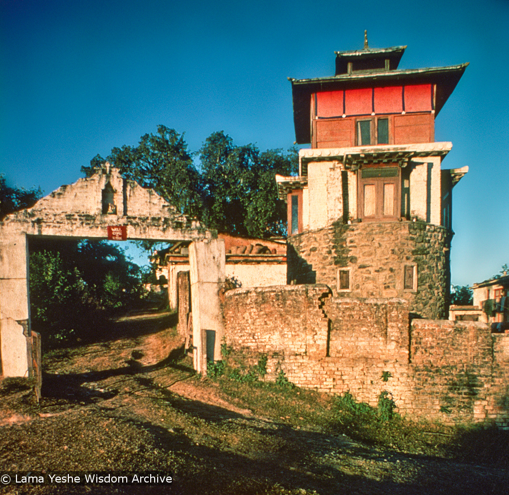 (15168_sl.psd) The front gate at Kopan showing Steve&#039;s Tower on the right. Steve Malasky, an American student, built a Tibetan tower at one end of the Kopan land which came to be known as &quot;Steve&#039;s Tower&quot;.