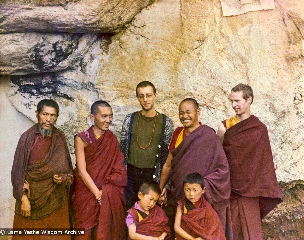 (15174_pr.psd) At the Lawudo Lama&#039;s cave, Nepal, 1972. From the left to right: unknown monk, Lama Zopa, Massimo Corona, Lama Yeshe, Jhampa Zangpo, with two new Mount Everest Centre novice monks.