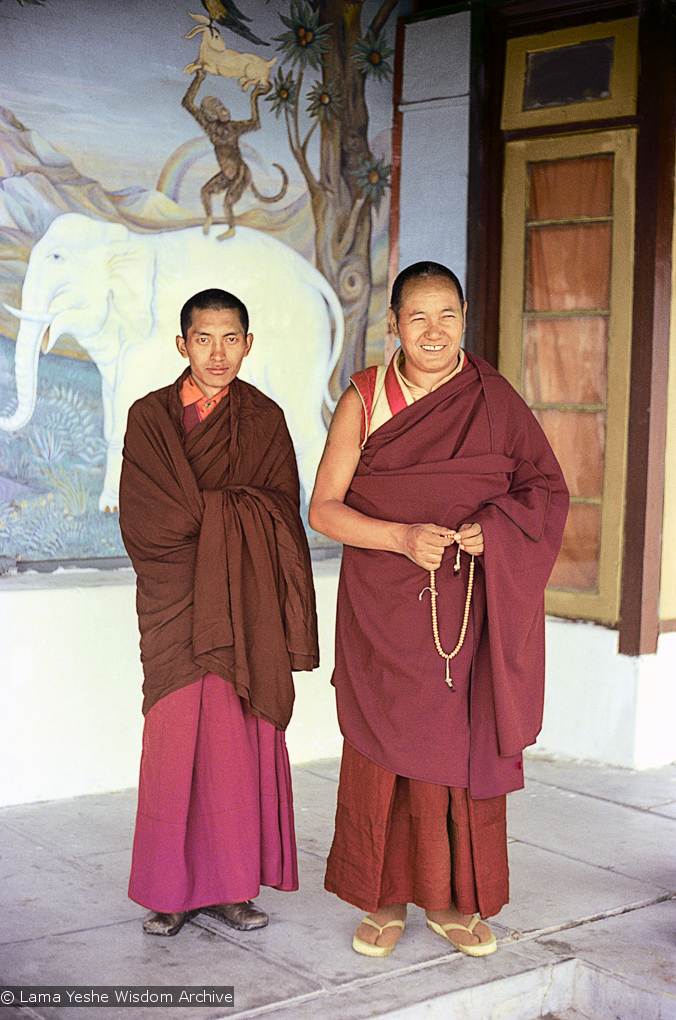 (15180_ng.psd) Lama Yeshe and Lama Zopa Rinpoche on the veranda at Tushita Retreat Center, 1973. In 1972, along with a few of their Western students, Lamas Yeshe and Zopa bought an old colonial house on a hill above McLeod Ganj (in Dharamsala, India), and there founded Tushita Retreat Centre. (It was later renamed Tushita Meditation Centre.) Tushita means &#039;The Place of Joy&#039;, the pure land of the coming Buddha Maitreya.