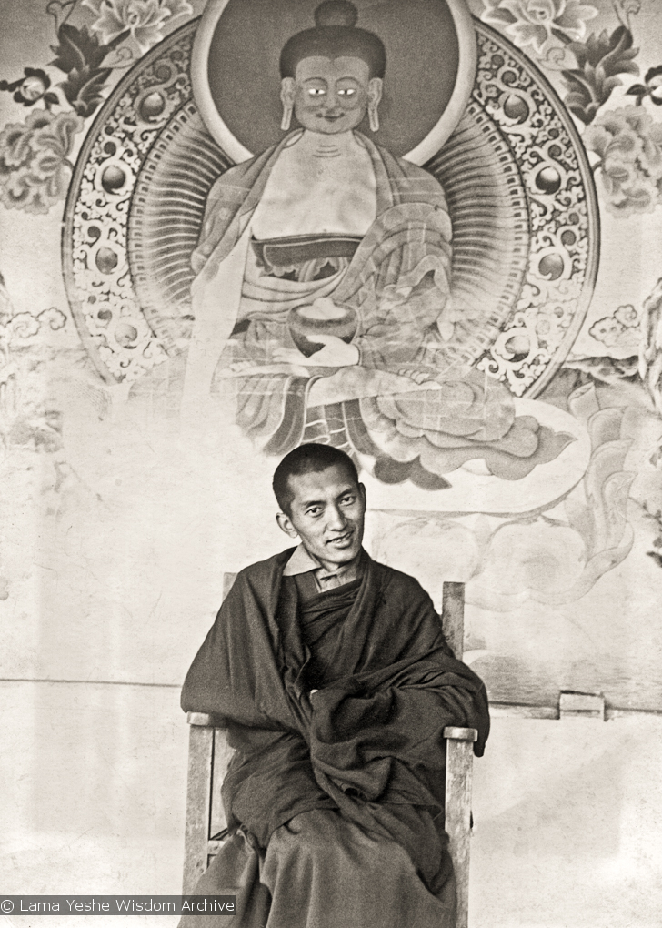 (15181_pr.psd) Portrait of Lama Zopa Rinpoche at Tushita Retreat Centre, Dharamsala, India, 1973. In 1972, along with a few of their Western students, Lamas Yeshe and Zopa bought an old colonial house on a hill above McLeod Ganj in Dharamsala, India, and there founded Tushita Retreat Centre.