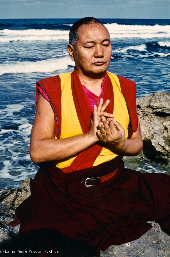 (15231_pr.psd) Portraits of Lama Yeshe meditating by the ocean, Sicily, 1983. Photos by Jacie Keeley.