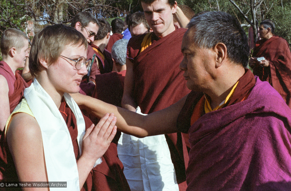 (15238_ng.tif) Lama with Celia Smith. Lama Yeshe addressing western monks and nuns at Istituto Lama Tsongkhapa, Italy, 1983. Photos donated by Merry Colony.