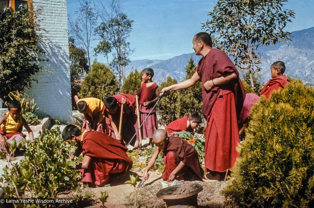 (15318_sl-3.psd) Lama Yeshe with Mount Everest Center students in the garden, Kopan Monastery, 1979.