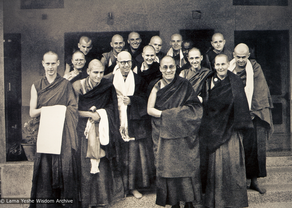 (15367_ud-2.psd) Newly ordained monks and nuns have an audience with H.H. Dalai Lama, Dharamsala, India, March 12, 1975. In the front row is Jhampa Zangpo (Mark Shaneman), Suzanne Lee (Jampa Chozom), Piero Cerri, Dieter Kratzer, Thubten Chokey, HH Dalai Lama, Gareth Sparham, Bonnie Rothenberg, John Feuille. Back row is Steve Malasky (Steve Pearl), Nick Ribush, Thubten Pende (Jim Dougherty), Jeffery Webster, Bruno LeGuevel, Jampa Konchog (Yogi), and Bonnie Rothenberg.