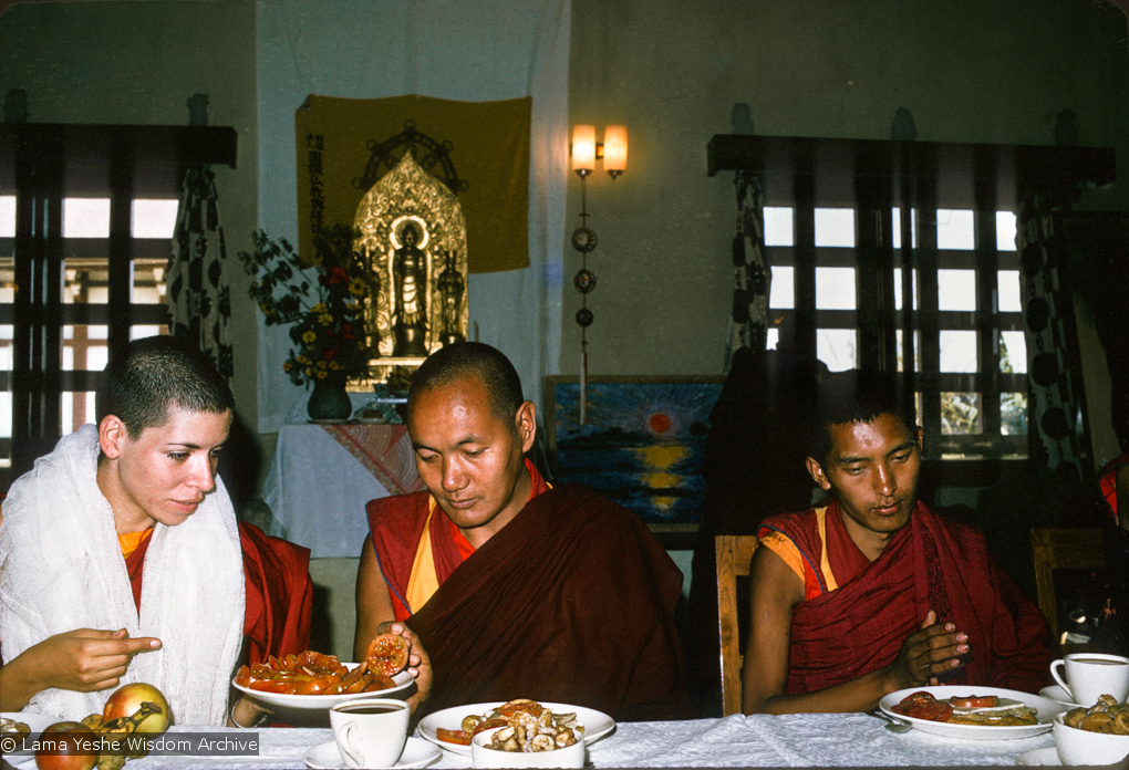 (15470_ng.psd) Lama Yeshe and Thubten Pemo (Linda Grossman) (with Lama Zopa Rinpoche on the right) after her ordination, Bodhgaya, India, 1974.