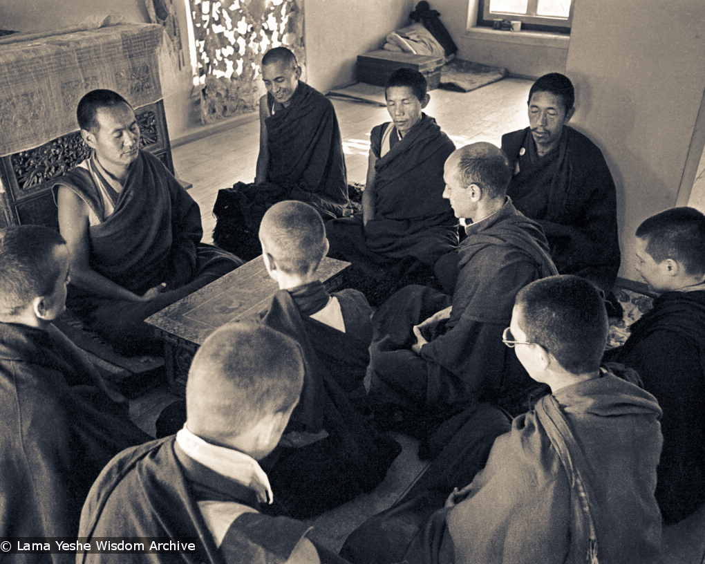 (15471_ng.psd) Lama Yeshe, Lama Zopa Rinpoche, Lama Lhundrup, and Lama Pasang with new monastics including Nick Ribush and Yeshe Khadro (Marie Obst) in the gompa (shrineroom) at Kopan Monastery, Nepal, 1974.