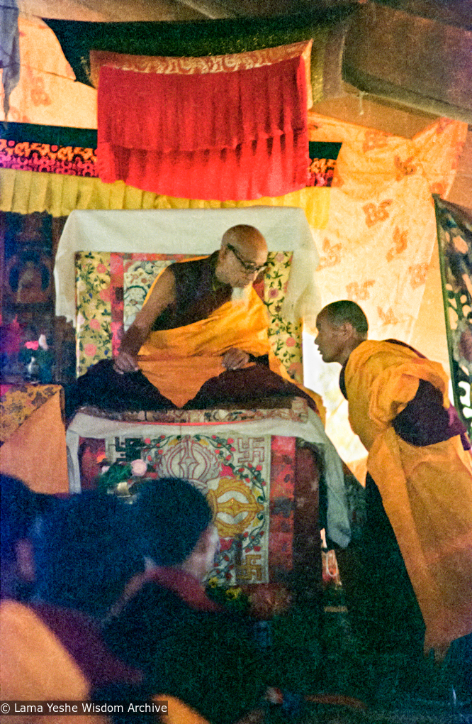(15475_ng.psd) In April of 1974, H. H. Zong Rinpoche, a senior lama and teacher for Lama Yeshe, visited Kopan Monastery, Nepal, in time to give teachings during the last week of the Sixth Meditation Course. Photo includes Lama Yeshe on the right.