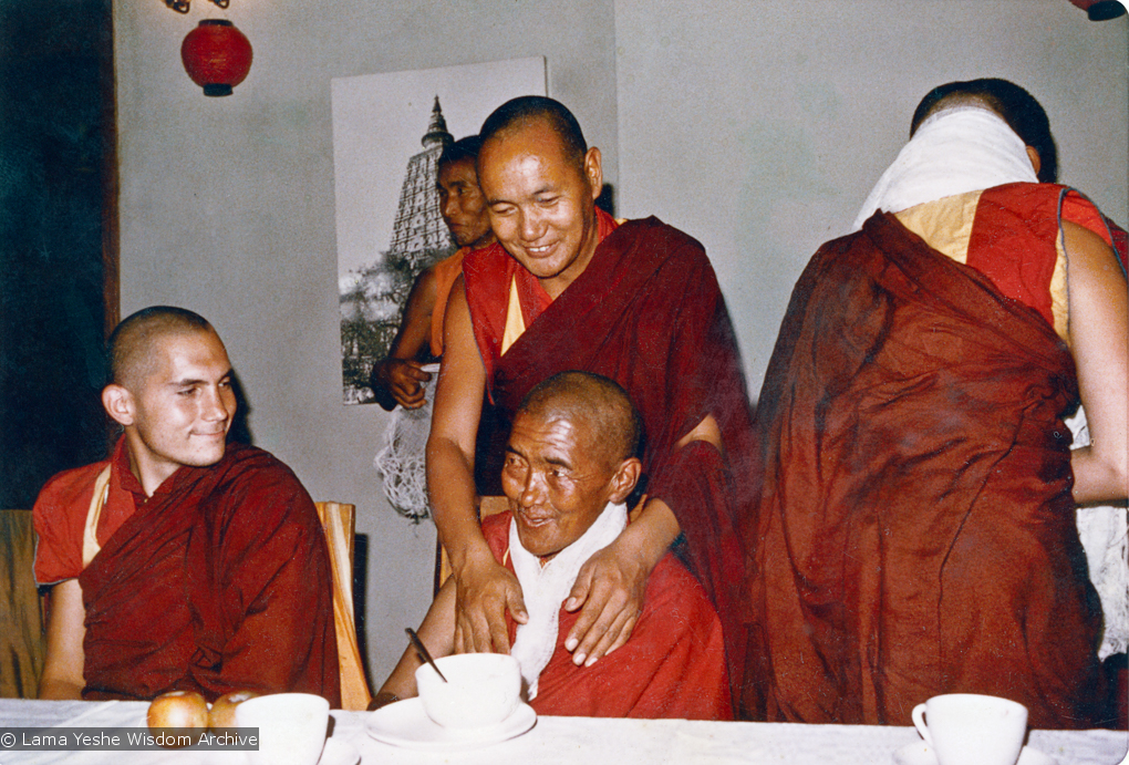 (15483_pr.psd) Lama Yeshe and Ama-la (Mother of Lama Zopa Rinpoche) after her ordination, Bodhgaya, India, 1974. Chris Kolb (Ngawang Chotak) is at the left.