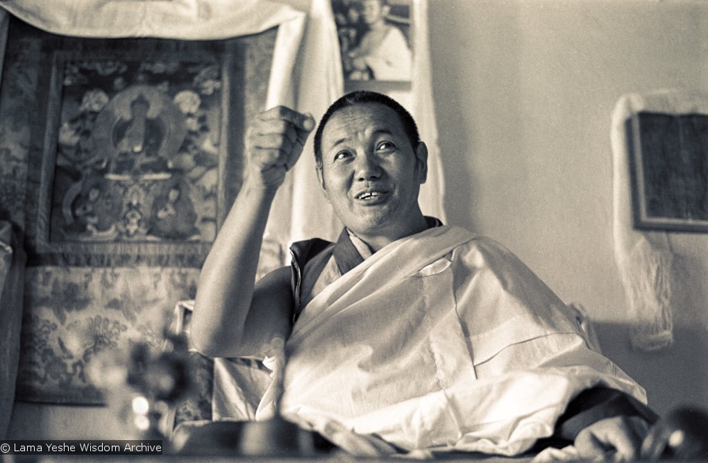 Lama Yeshe teaching in the gompa (shrineroom) at Kopan Monastery, Nepal, 1974. Photo by Ursula Bernis.