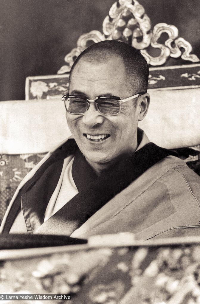 (16365_pr-3.psd, LYWA online gallery name is 15516_pr-3) H.H. Dalai Lama giving the Kalachakra empowerment in Bodhgaya, India, 1974. Lama Yeshe and Lama Zopa Rinpoche attended this event with many of their students. Photo by Brian Beresford