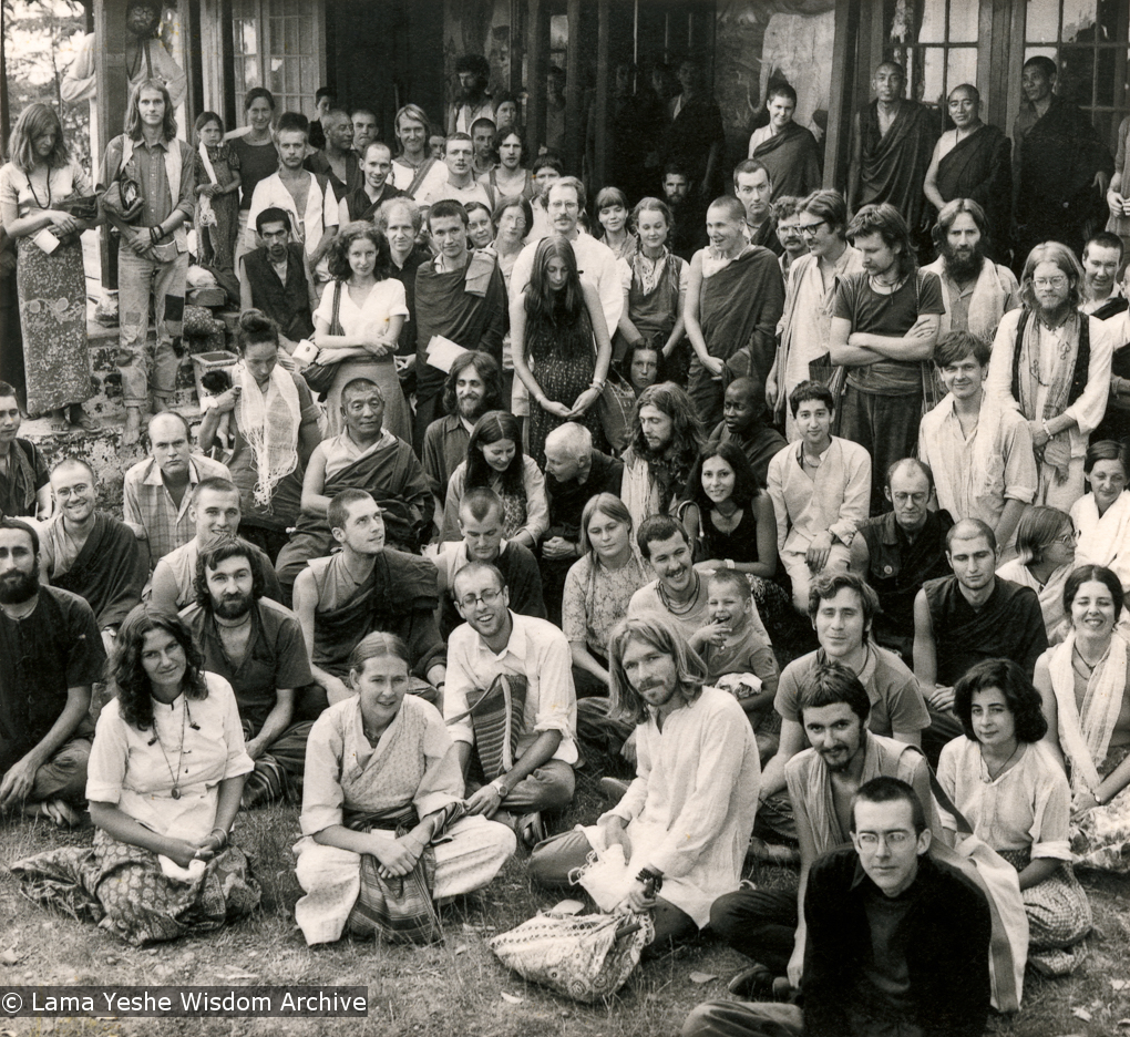 (15567_pr-2.psd) Photo from a course at Tushita Retreat Centre, Dharamsala, India, in June of 1975, taught by Geshe Rabten and translated by Gonsar Tulku. Geshe Rabten is seated and Gonsar Tulku is standing to the right of him. Many of Lama&#039;s students are in the group including Ursula Bernis, Steve Malasky (Steve Pearl), Massimo Corona, and Piero Cerri. Photo by Dan Laine.
