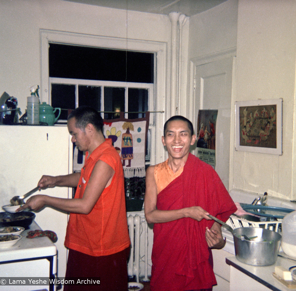 (15845_ng.psd) Lama Yeshe in the kitchen with Lama Zopa Rinpoche, New York City, 1974. In July 1974, the lamas and Mummy Max arrived in New York City to begin the first international teaching tour. They stayed at the apartment of Lynda Millspaugh on the Upper West side of Manhattan.