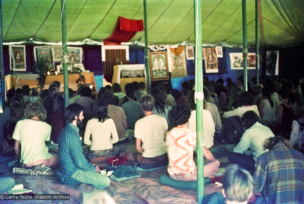(15848_ng.psd) Inside the gompa (meditation tent), Diamond Valley. The lamas taught their first retreat in Australia at Diamond Valley in southeast Queensland, August, 1974.