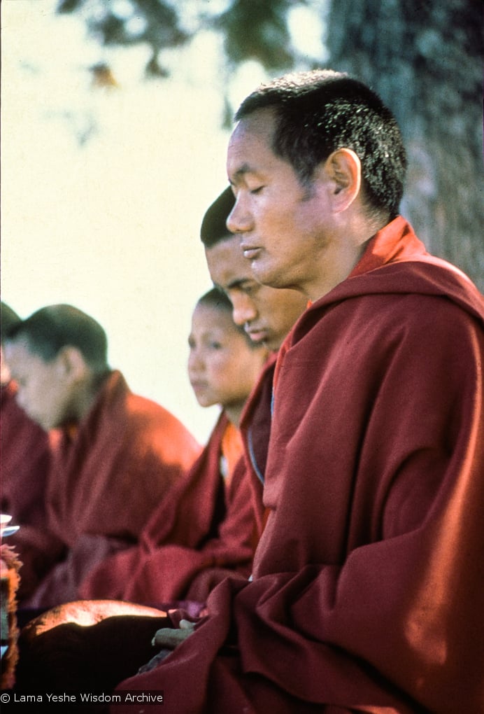 (15865_sl.tif) Lama Yeshe and Lama Zopa Rinpoche meditating with Mount Everest Center students, Kopan Monastery, Nepal, 1974.