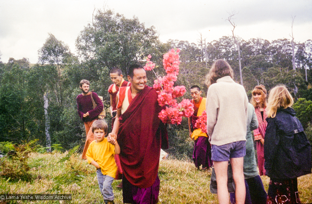 (15870_sl.tif) On the last day of the first Australian course, September 28, 1974, everyone made a ceremonial pilgrimage to the Eudlo land which had been donated to the lamas. The lamas, accompanied by their guest, Phra Kantipalo, an English monk ordained in the Thai Buddhist tradition, led an intense puja and named the new center Chenrezig Institute for Wisdom Culture.