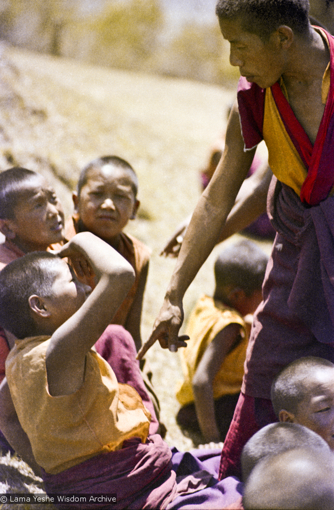 (15878_sl.psd) Lama Lhundrup teaching debating to the Mount Everest Center students, Kopan Monastery, Nepal, 1974.