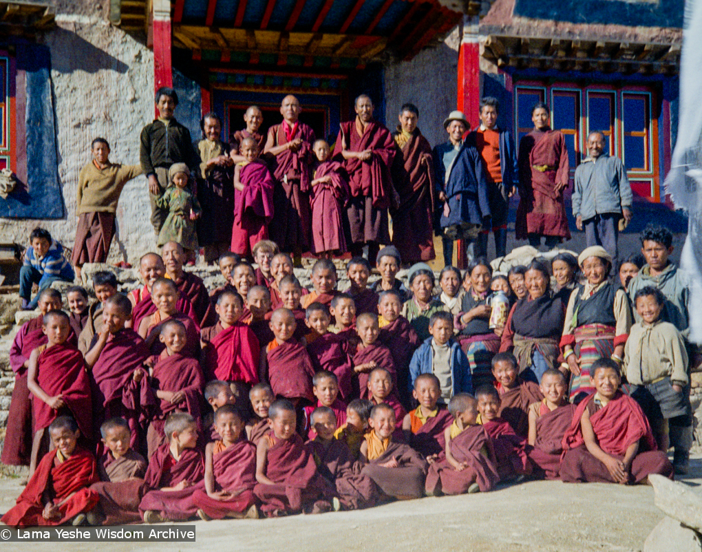 (15881_sl.tif) Lama Yeshe with the Mount Everest Center students at Lawudo Retreat Center, Nepal, October, 1973. Wim, the Dutch artist who painted murals at Tushita is standing in back row, a tall fellow with glasses a bit to the right of Lama Yeshe. Also in that row is Jampa Chökyi (Helly, Jamyang Wangmo) who is at the left, next to Rinpoche&#039;s sister Ngawang Samten.