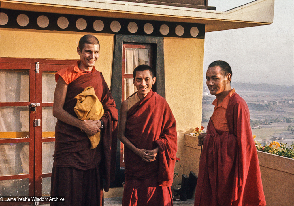 Piero, Rinpoche, and Lama on the rooftop at Kopan, 1973