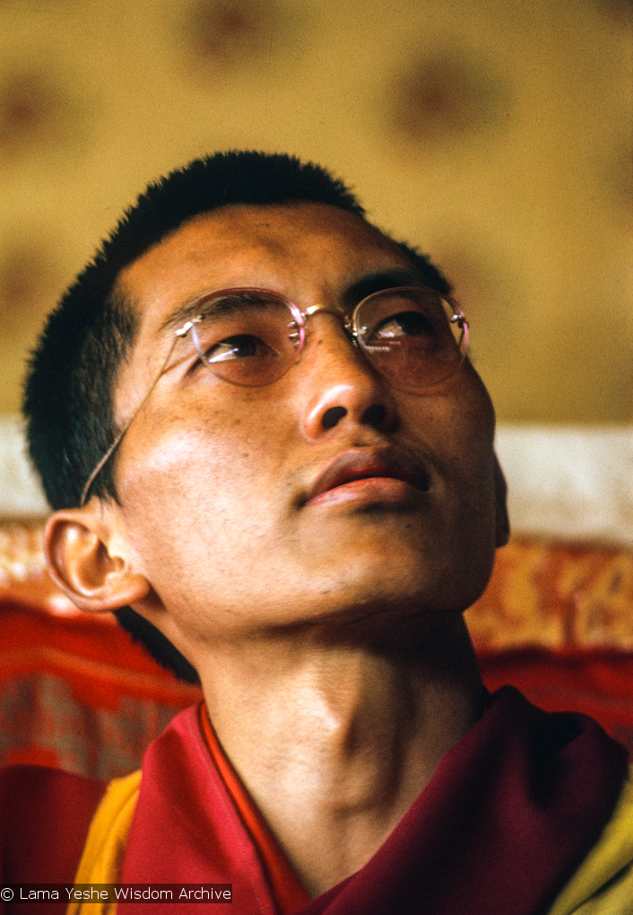 (15891_sl.tif) Lama Zopa Rinpoche teaching in the tent, Kopan Monastery, Nepal, 1974. For the Seventh Meditation Course a huge Indian wedding tent replaced the dusty burlap-walled tent.