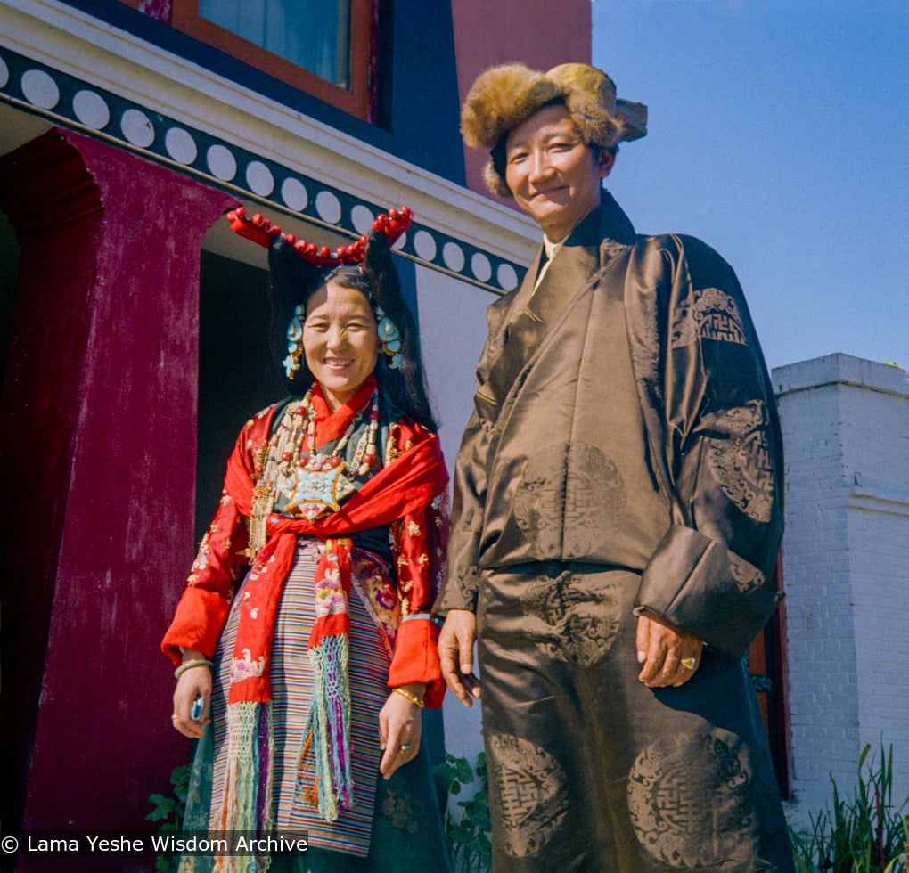 (15893_ng.tif) Jampa Trinley with his wife, 1975. Kelsang Puntsog Rinpoche, the son of Lama Yeshe&#039;s old friend Jampa Trinley, was later recognized to be the reincarnation of Geshe Ngawang Gendun, one of Lama&#039;s teachers. In January 1975 he was enthroned at Kopan Monastery, Nepal, after which he became known to all as Yangsi Rinpoche.