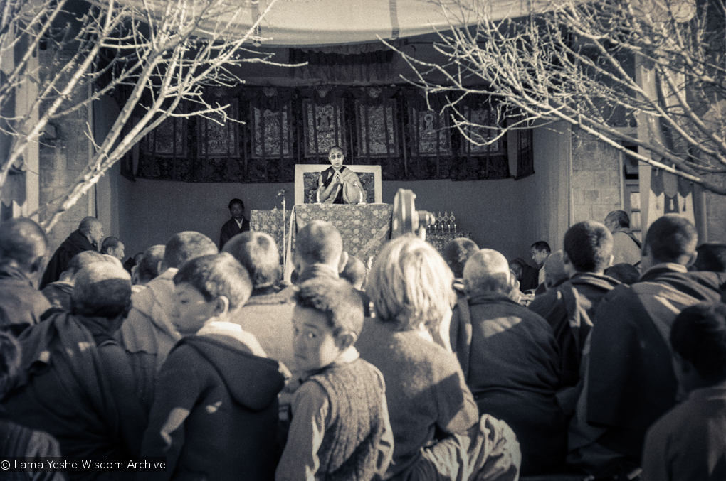 (15896_ng.TIF) H.H. Dalai Lama at the Tibetan Library, Dharamsala, India,1975. Photo by Dan Laine.