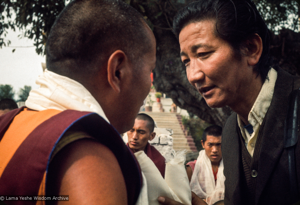 (15899_sl.tif) Lama Yeshe with Jampa Trinley, 1975. Kelsang Puntsog Rinpoche, the son of Lama Yeshe&#039;s old friend Jampa Trinley, was later recognized to be the reincarnation of Geshe Ngawang Gendun, one of Lama&#039;s teachers. In January 1975 he was enthroned at Kopan Monastery, Nepal, after which he became known to all as Yangsi Rinpoche.