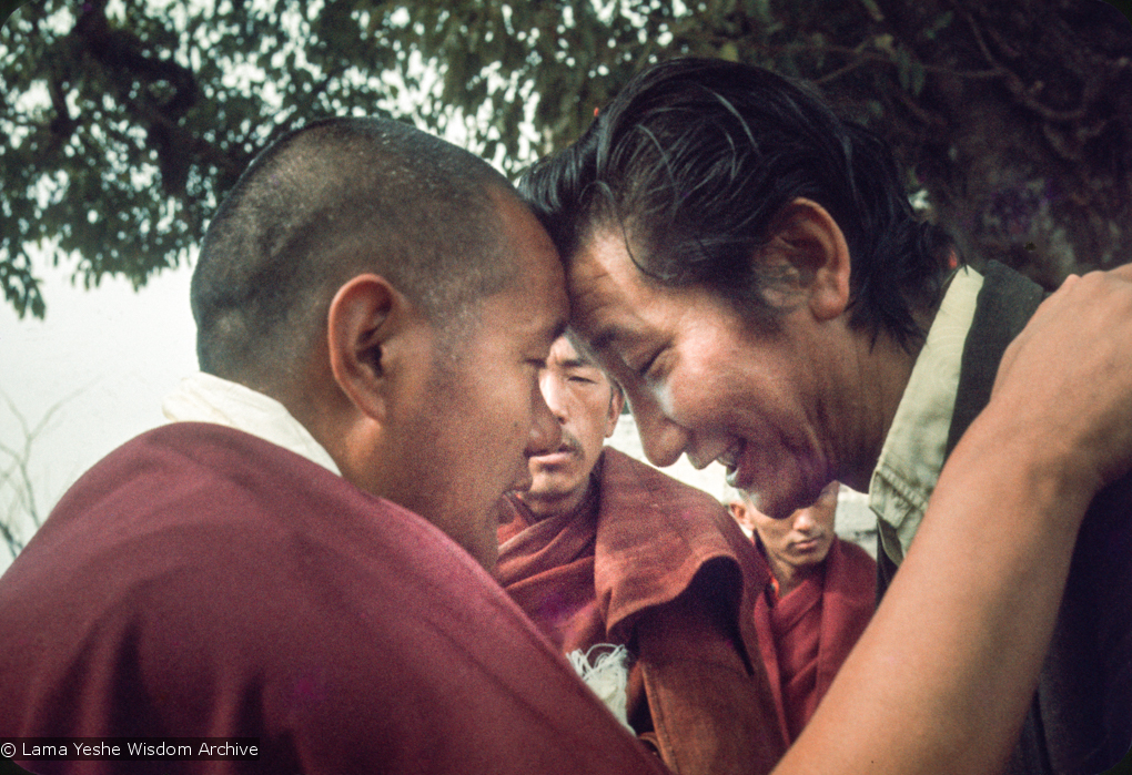 (15900_sl.tif) Lama Yeshe with Jampa Trinley, 1975. Kelsang Puntsog Rinpoche, the son of Lama Yeshe&#039;s old friend Jampa Trinley, was later recognized to be the reincarnation of Geshe Ngawang Gendun, one of Lama&#039;s teachers. In January 1975 he was enthroned at Kopan Monastery, Nepal, after which he became known to all as Yangsi Rinpoche.