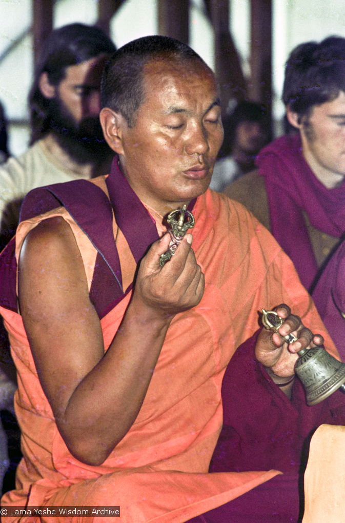 (15917_ng.psd) Lama Yeshe doing puja, 1975. From the collection of images of Lama Yeshe, Lama Zopa Rinpoche and the Sangha during a month-long course at Chenrezig Institute, Australia.