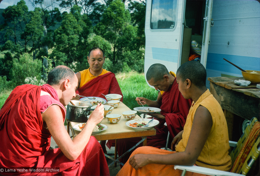 (15922_sl.tif) Lama Yeshe and Lama Zopa Rinpoche having lunch with Nick Ribush and Mummy Max, during the month-long course at  Chenrezig Institute, Australia, 1975.