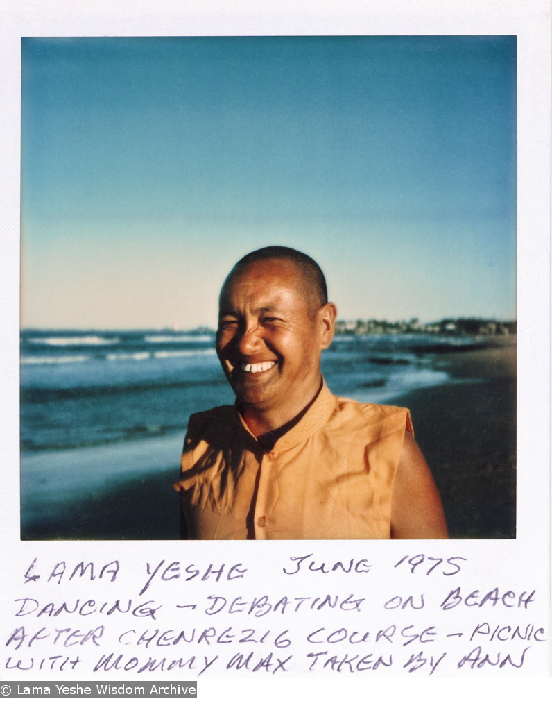 (15926_pr.psd) Lama Yeshe dancing/debating on the beach after the month-long course at Chenrezig Institute, Australia, 1975. Photo by Anila Ann.