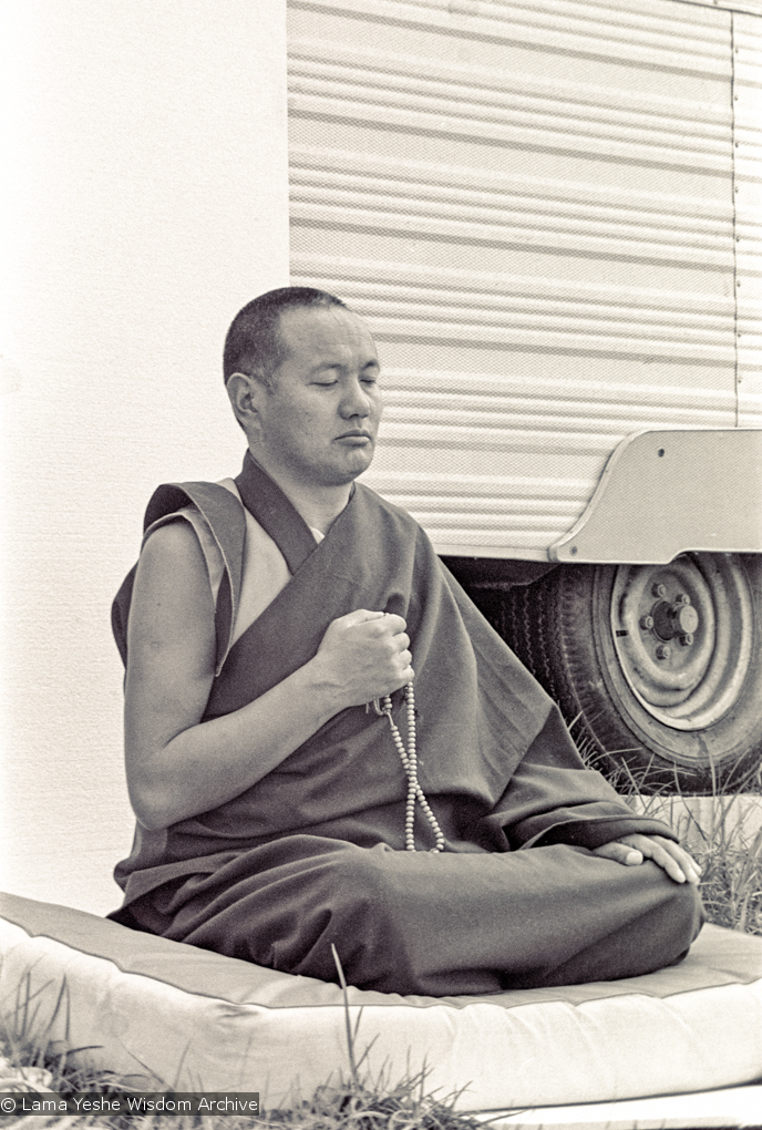 (15950_ng.psd) Portrait of Lama Yeshe, 1975. With the idea of commissioning a statue of Lama Yeshe, Mummy Max (Max Matthews) arranged for a series of shots taken just of his head from every angle, as well as photos of Lama in meditation posture. Photo taken on Saka Dawa (the celebration of Buddha&#039;s birth, enlightenment, and death) at Chenrezig Institute, Australia, 1975. Photo donated by Wendy Finster.