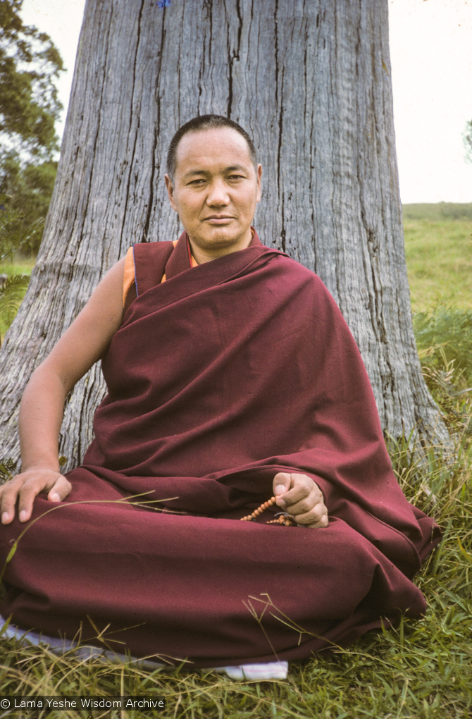 (15965_sl.tif) Portrait of Lama Yeshe, 1975. With the idea of commissioning a statue of Lama Yeshe, Mummy Max (Max Matthews) arranged for a series of shots taken just of his head from every angle, as well as photos of Lama in meditation posture. Photo taken on Saka Dawa (the celebration of Buddha&#039;s birth, enlightenment, and death) at Chenrezig Institute, Australia, 1975. Photo donated by Wendy Finster.