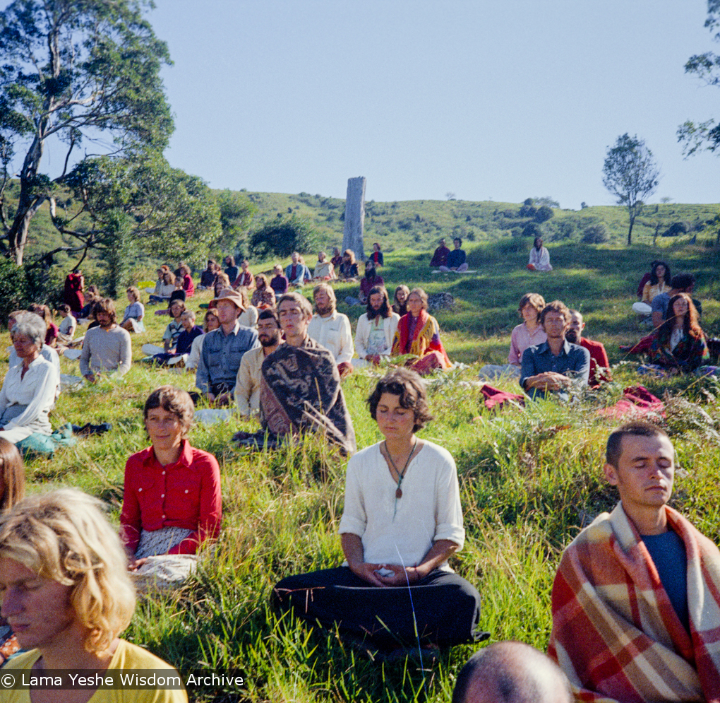 (15966_ng.tif) On Saka Dawa (the celebration of Buddha&#039;s birth, enlightenment, and death), Lama Yeshe asked everyone to come outside after a Guru Puja for a meditation on the hill behind the gompa. Chenrezig Institute, Australia, May 25, 1975. Photo by Wendy Finster.