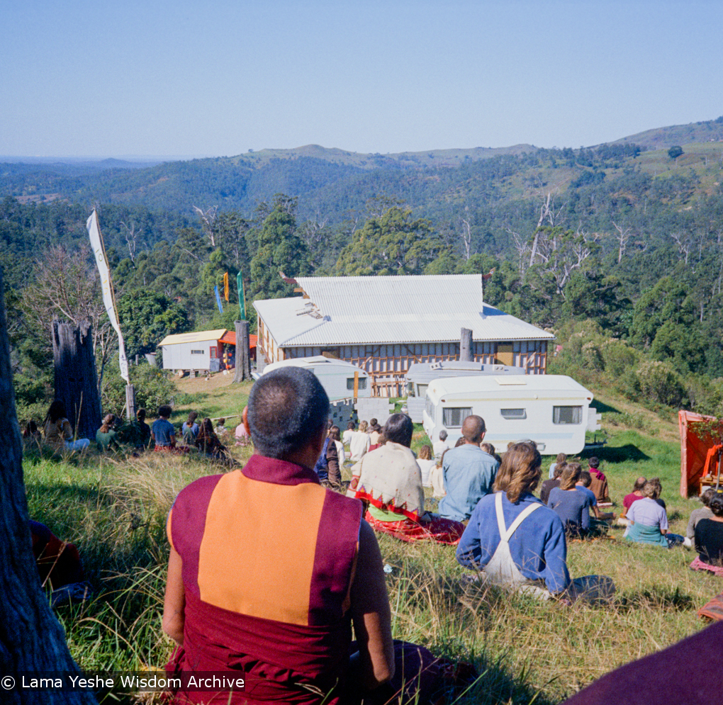 (15967_ng.tif) On Saka Dawa (the celebration of Buddha&#039;s birth, enlightenment, and death), Lama Yeshe asked everyone to come outside after a Guru Puja for a meditation on the hill behind the gompa. Chenrezig Institute, Australia, May 25, 1975. Photo by Wendy Finster.