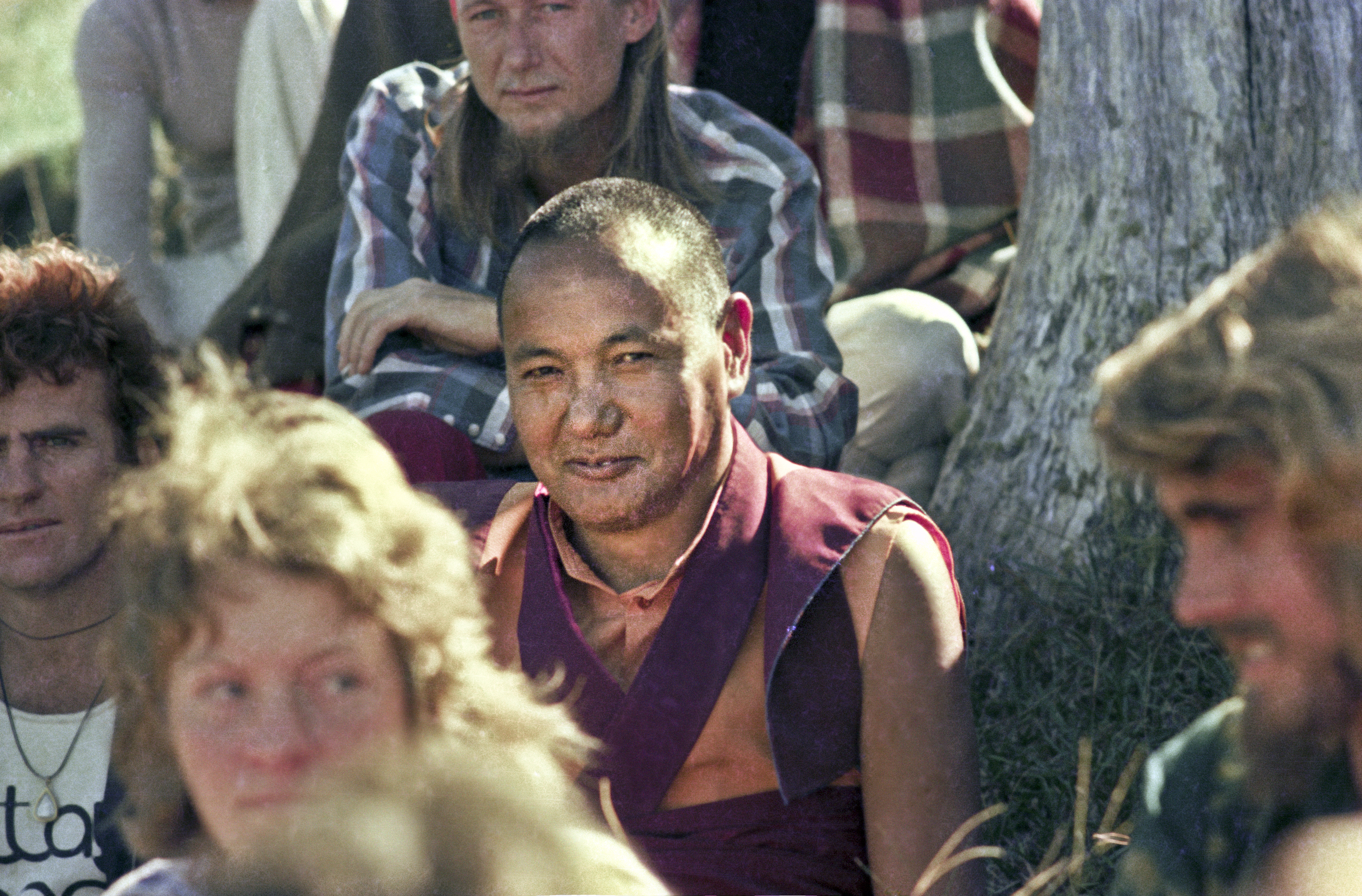 (15968_ng.psd) Lama Yeshe with the students, 1975. On Saka Dawa (the celebration of Buddha&#039;s birth, enlightenment, and death), Lama Yeshe asked everyone to come outside after a Guru Puja for a meditation on the hill behind the gompa. Chenrezig Institute, Australia, May 25, 1975. Photo by Wendy Finster.