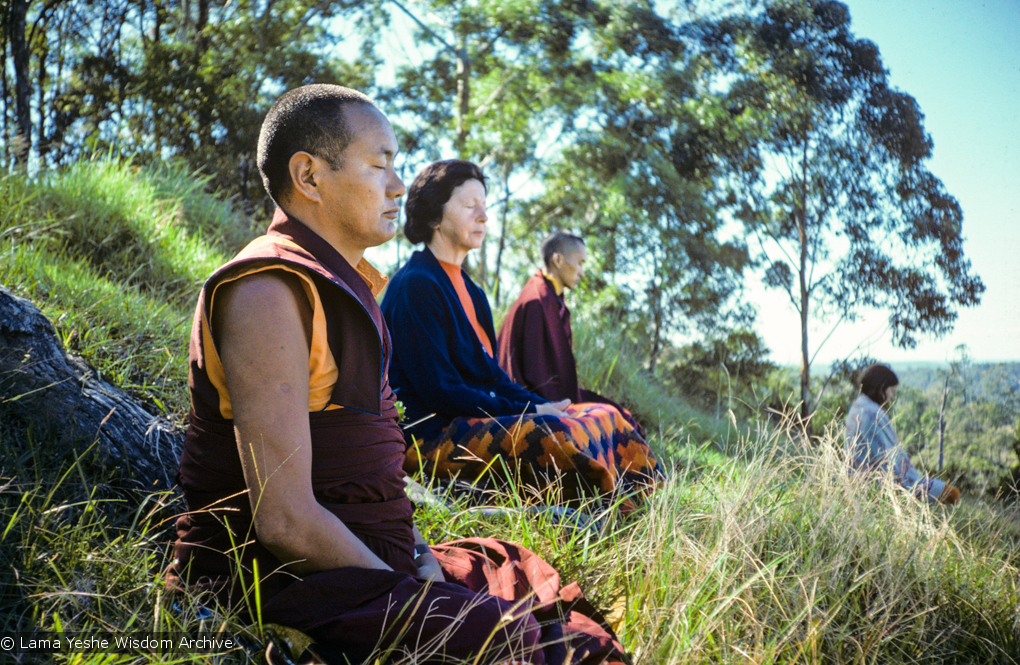 (15969_sl.JPG) Lama Yeshe, Beatrice Ribush, and Lama Zopa Rinpoche in meditation. On Saka Dawa (the celebration of Buddha&#039;s birth, enlightenment, and death), Lama Yeshe asked everyone to come outside after a Guru Puja for a meditation on the hill behind the gompa. Chenrezig Institute, Australia, May 25, 1975. Photo by Wendy Finster.