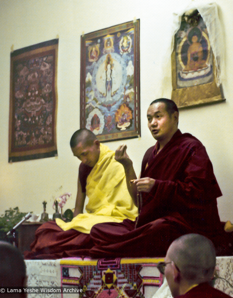 (15999_pr-3.psd) Lama Yeshe teaching with Lama Zopa Rinpoche at a two-week course at Louie-Bob Wood&#039;s Bodhicitta Center in Brown County, Indiana, 1975.