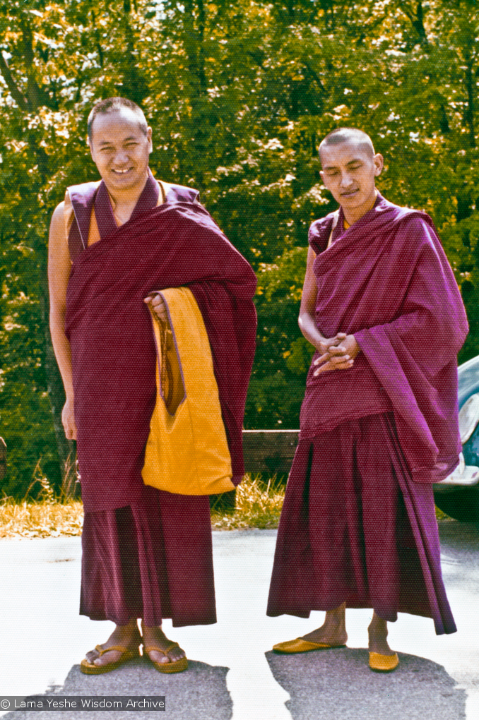 (16003_pr.psd) Lama Yeshe with Lama Zopa Rinpoche, Indiana, 1975. In 1975, the lamas returned to Louie-Bob Wood&#039;s Bodhicitta Center in Brown County, Indiana, for a two-week course.