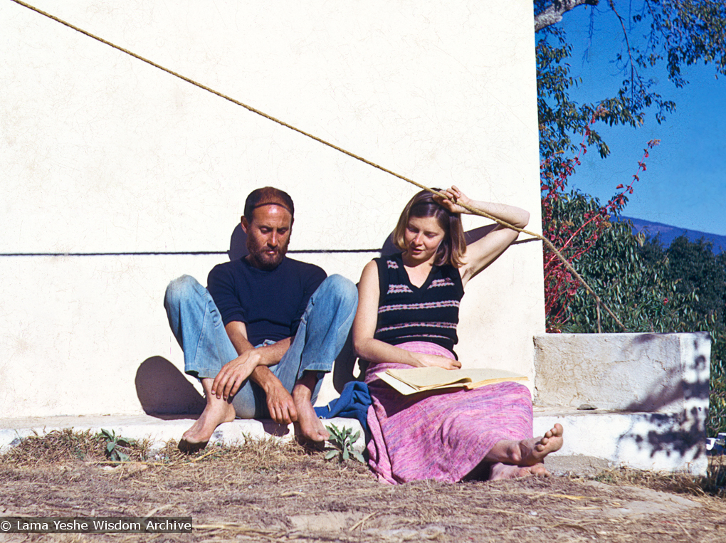 (16683_sl-2.psd) Nick Ribush and Marie Obst (Yeshe Khadro) at the 4th Meditation Course, Kopan Monastery in Nepal, 1973. Marie is holding the second edition of Lama Zopa Rinpoche’s “Wish-fulfilling Golden Sun.” Both Nick and Marie were early students of the lamas who continue to play active and important roles in the implementation of the lamas&#039; vision as it unfolds in the present day.