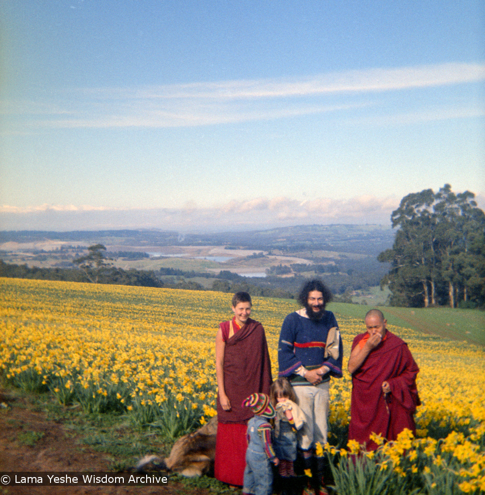 (16731_ng.tif) Lama Yeshe and Yeshe Khadro (Marie Obst) visiting the Dandenong Ranges near Melbourne, Australia with Peter Stripes and his two eldest children, 1976.
