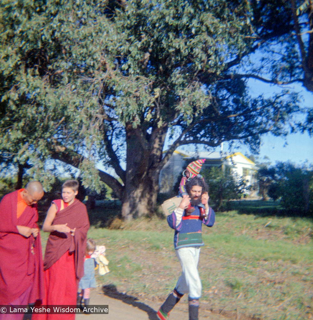 (16734_ng.tif)  Lama Yeshe and Yeshe Khadro (Marie Obst) visiting the Dandenong Ranges near Melbourne, Australia with Peter Stripes and his two eldest children, 1976.